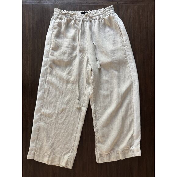 J Crew Linen Pants Women’s Small Oatmeal Wide Leg Crop Elastic Waist Tasseled - Picture 1 of 8